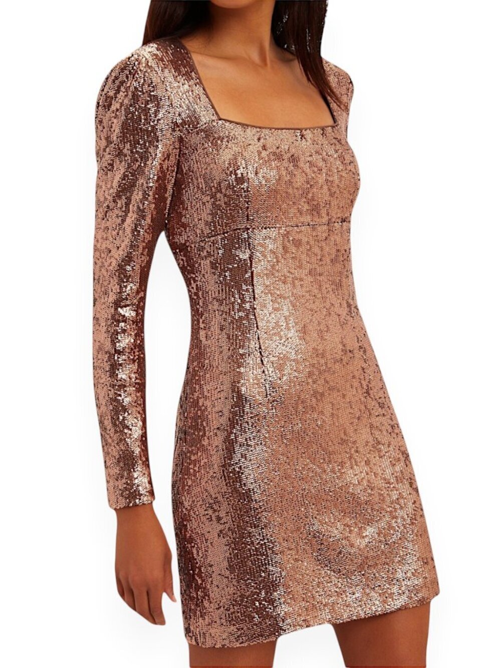Intermix Hilary Rose Gold Sequin Mini Dress Square Neck Long Sleeves New Size 0